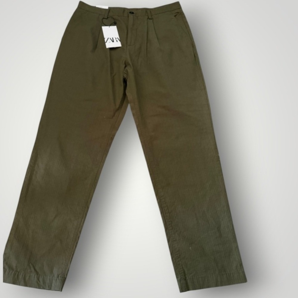 Zara Chino Carrot Pants Men 31 Olive Green Pleated Ripstop Military Streetwear